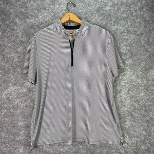 Chicos UPF Shirt Womens XL (3) White Black Stripe Ruffle Top Zip Short Sleeve